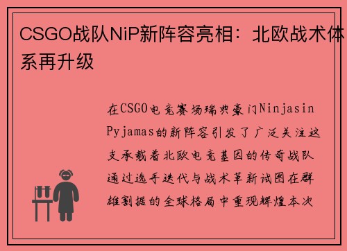 CSGO战队NiP新阵容亮相：北欧战术体系再升级