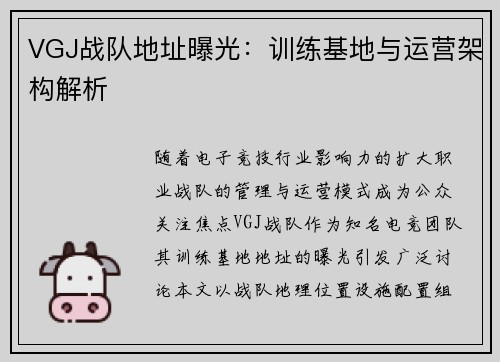 VGJ战队地址曝光：训练基地与运营架构解析